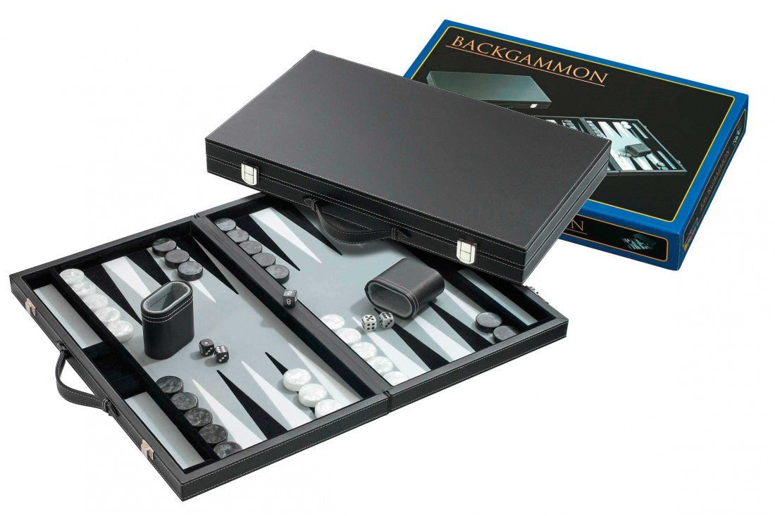 Backgammon style Cuir - Surpiqué - Gris - Backgammon en cuir vegan - Rouge et Noir