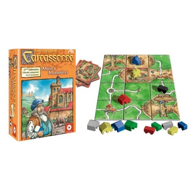 Carcassonne - Extension 5 - Maire et monastères - Jeu de plateau de stratégie à deux enfants - Rouge et Noir