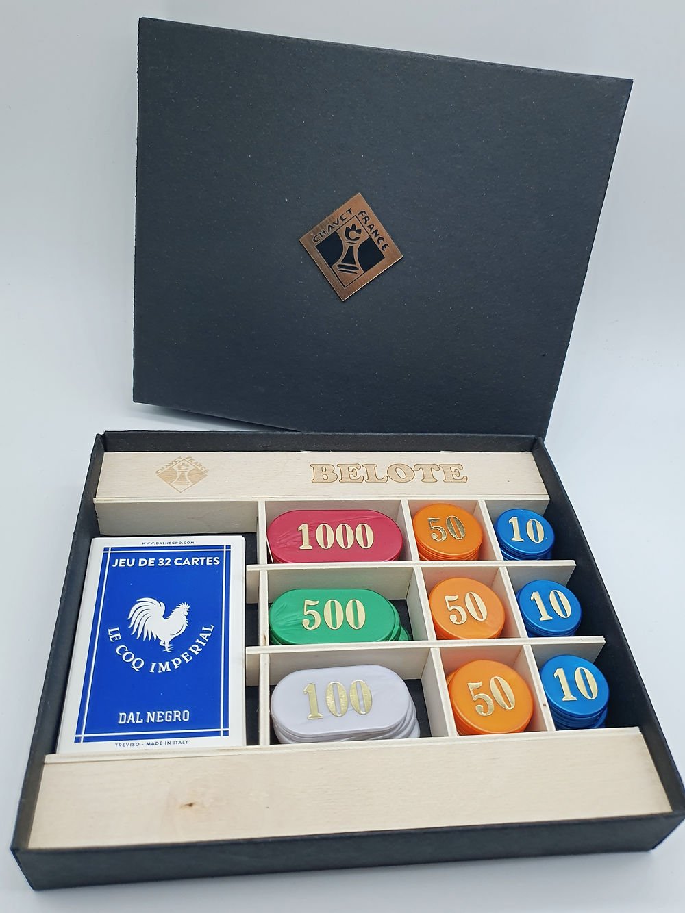 Coffret de belote carton - 90 jetons - jeu de cartes de belote coffret de cartes tapis de jeux cadeau sénior - Rouge et Noir