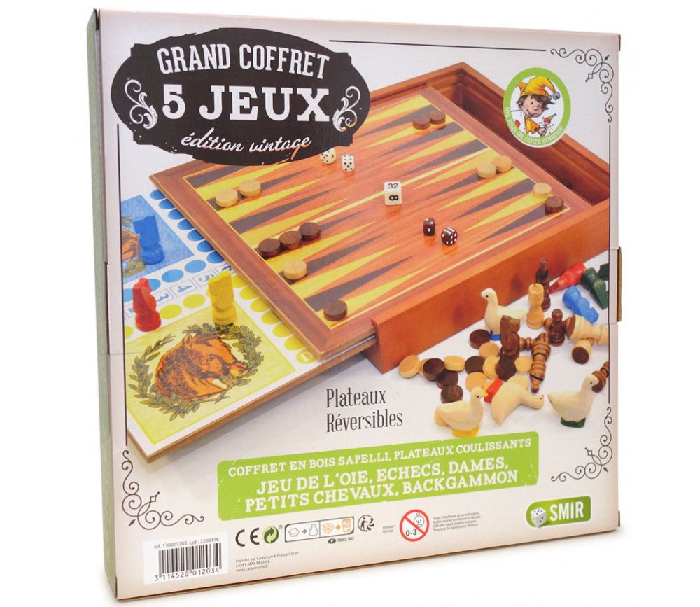 Coffret Multijeux 5 jeux (Échecs / Dames / Oie / Petits chevaux / Backgammon) - jeu de dames dadas jeu de l'oie