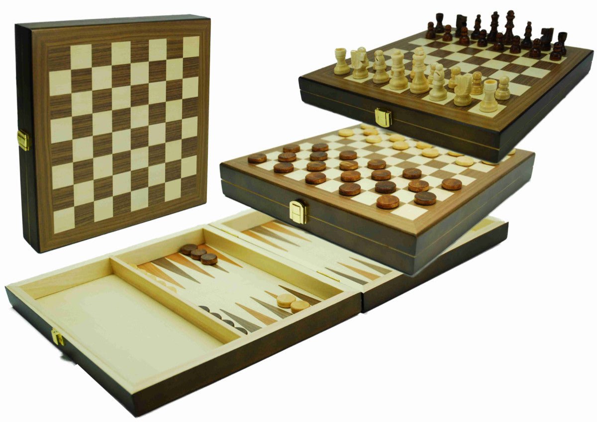 Coffret Multijeux Dames / Echecs / Backgammon - Noyer - Coffret multijeux Backgammon en bois marqueté jeu de dames