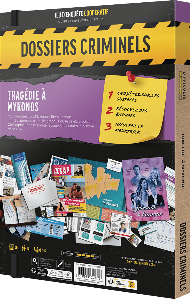 DOSSIERS CRIMINELS : TRAGÉDIE À MYKONOS - Jeu de plateau de stratégie coopératif - Rouge et Noir