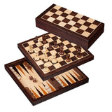 Echecs / Backgammon de voyage - Magnétique - Bois exotiques - Coffret d'échecs en bois marqueté et Backgammon en bois marqueté - Rouge et Noir