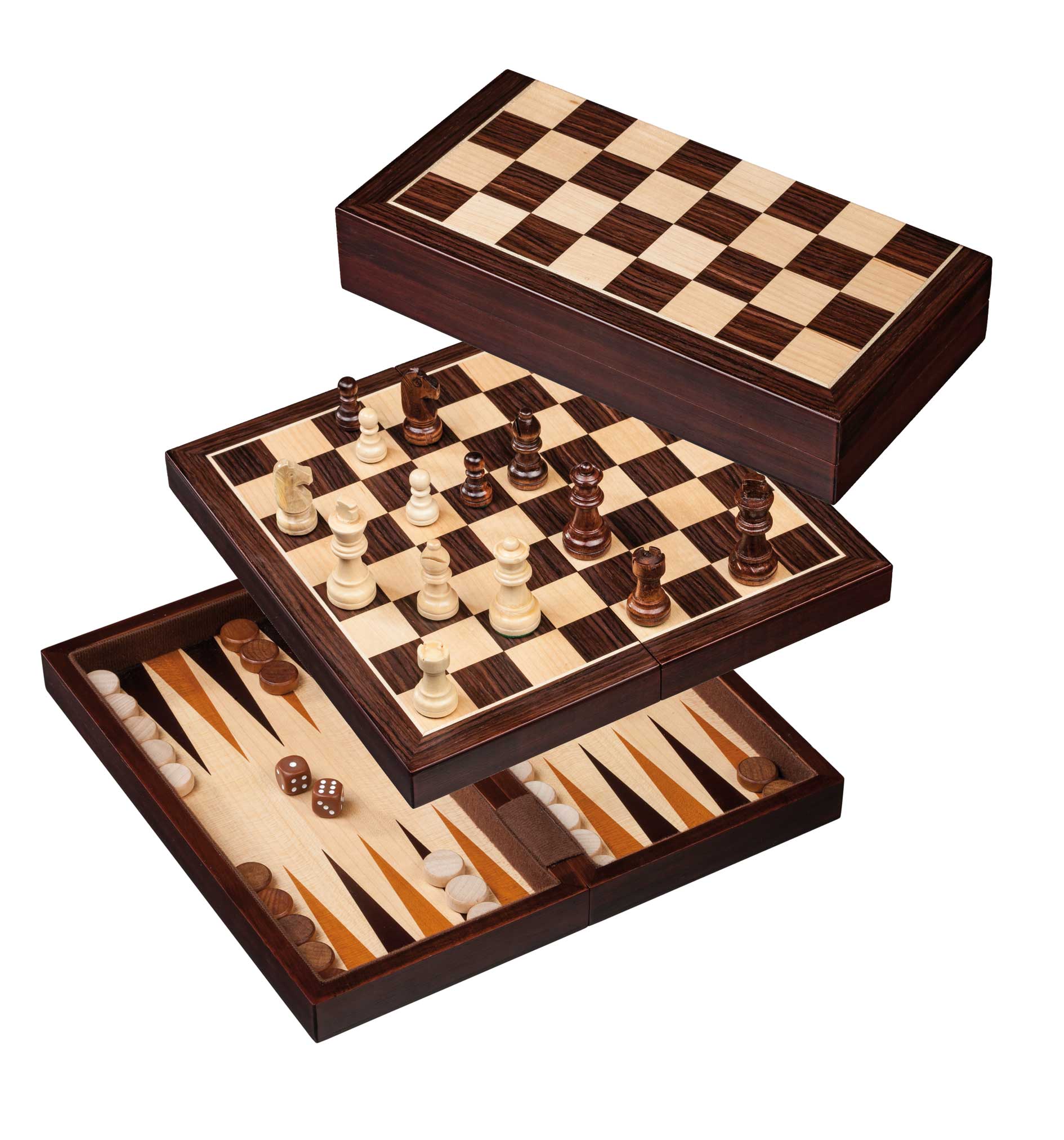 Echecs / Backgammon de voyage - Magnétique - Bois exotiques - Coffret d'échecs en bois marqueté et Backgammon en bois marqueté - Rouge et Noir