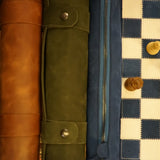 Ensemble d'échecs roulable magnétique - Cuir véritable - Bleu - ensemble d'échecs luxe classique jeu d'échecs de voyage en cuir véritable - Rouge et Noir