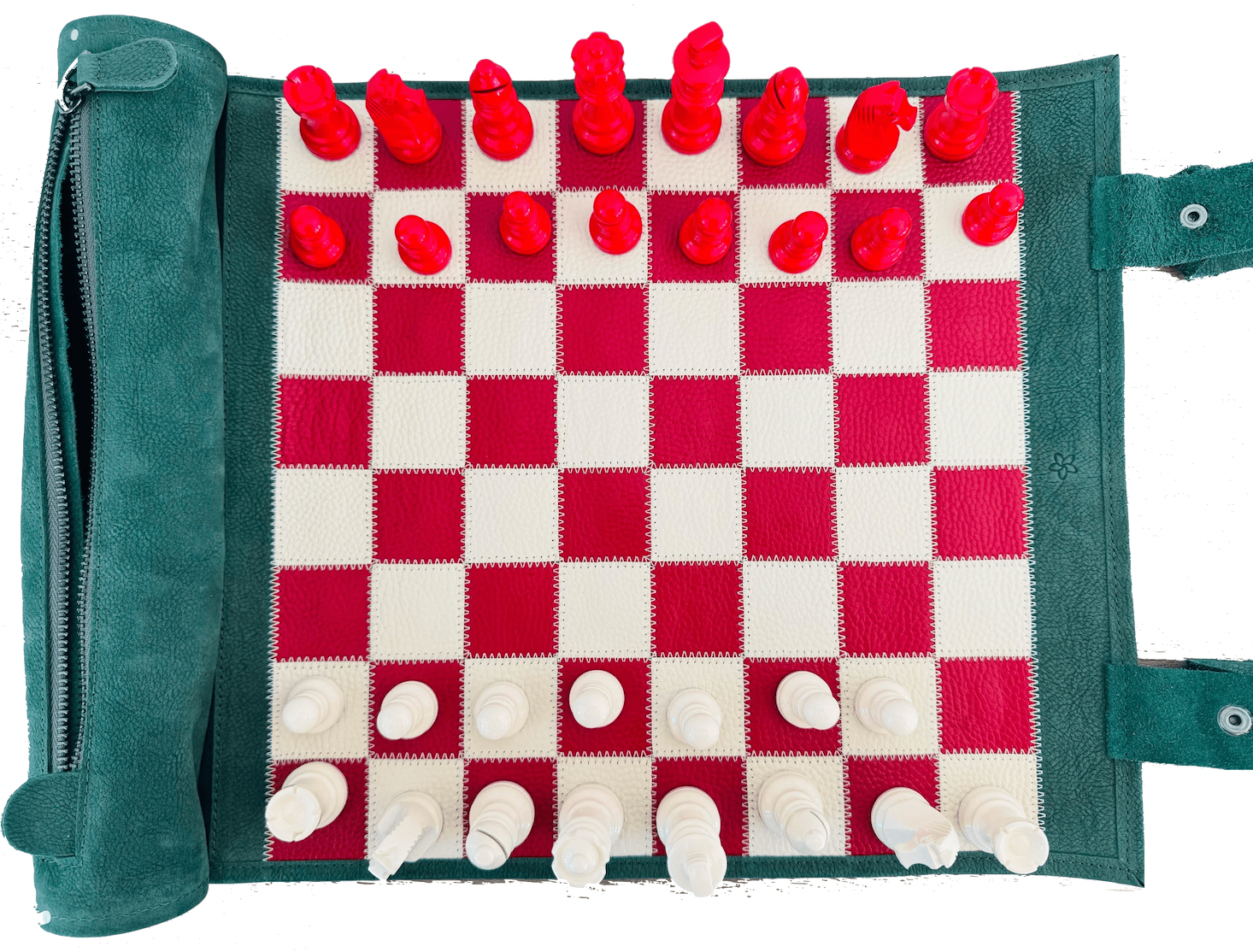 Ensemble d'échecs roulable magnétique - Cuir véritable - Vert / Rouge - ensemble d'échecs luxe classique jeu d'échecs de voyage en cuir véritable - Rouge et Noir