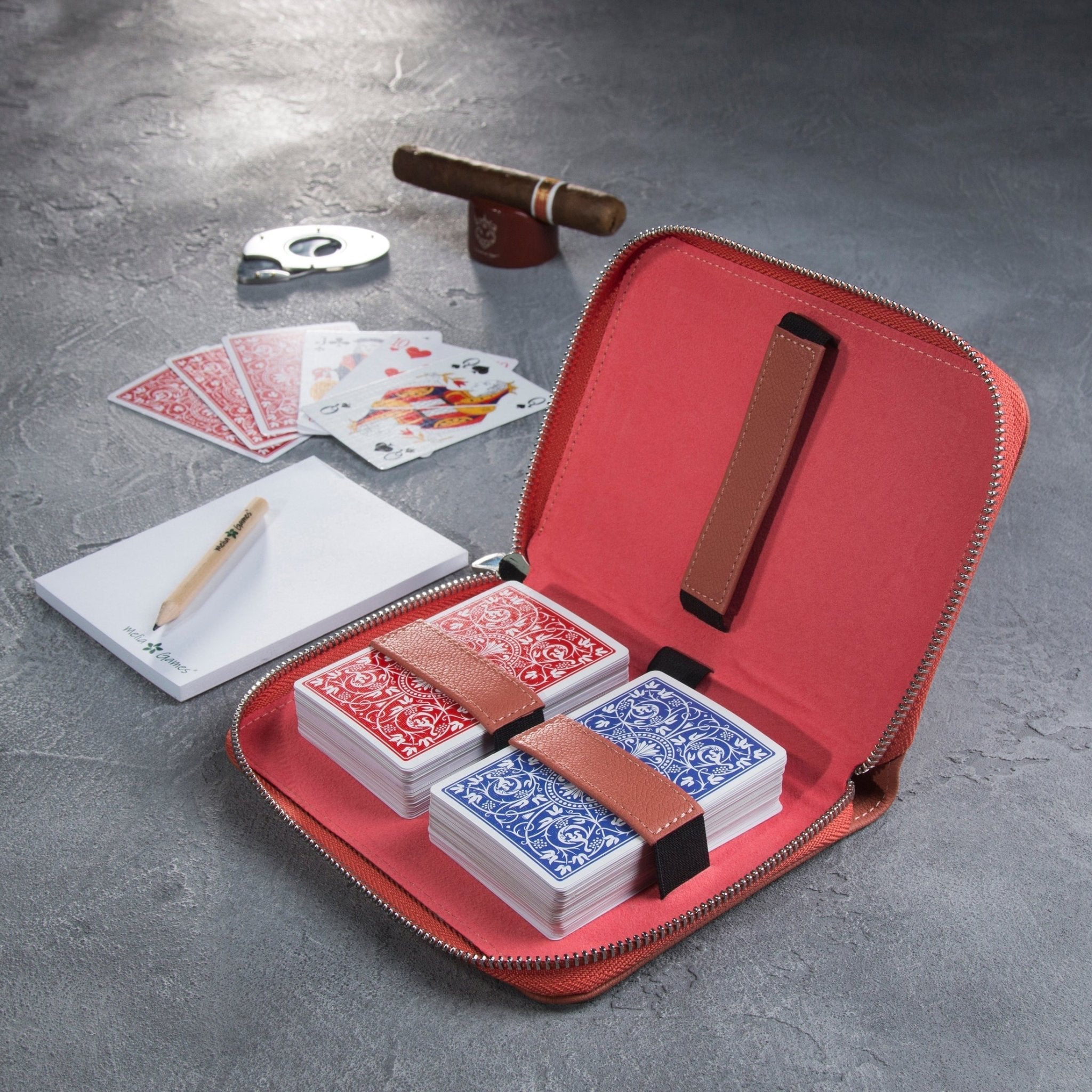 Etui de bridge en cuir pleine fleur - Corail - jeu de cartes coffret bridge à jouer coffret de cartes luxe - Rouge et Noir
