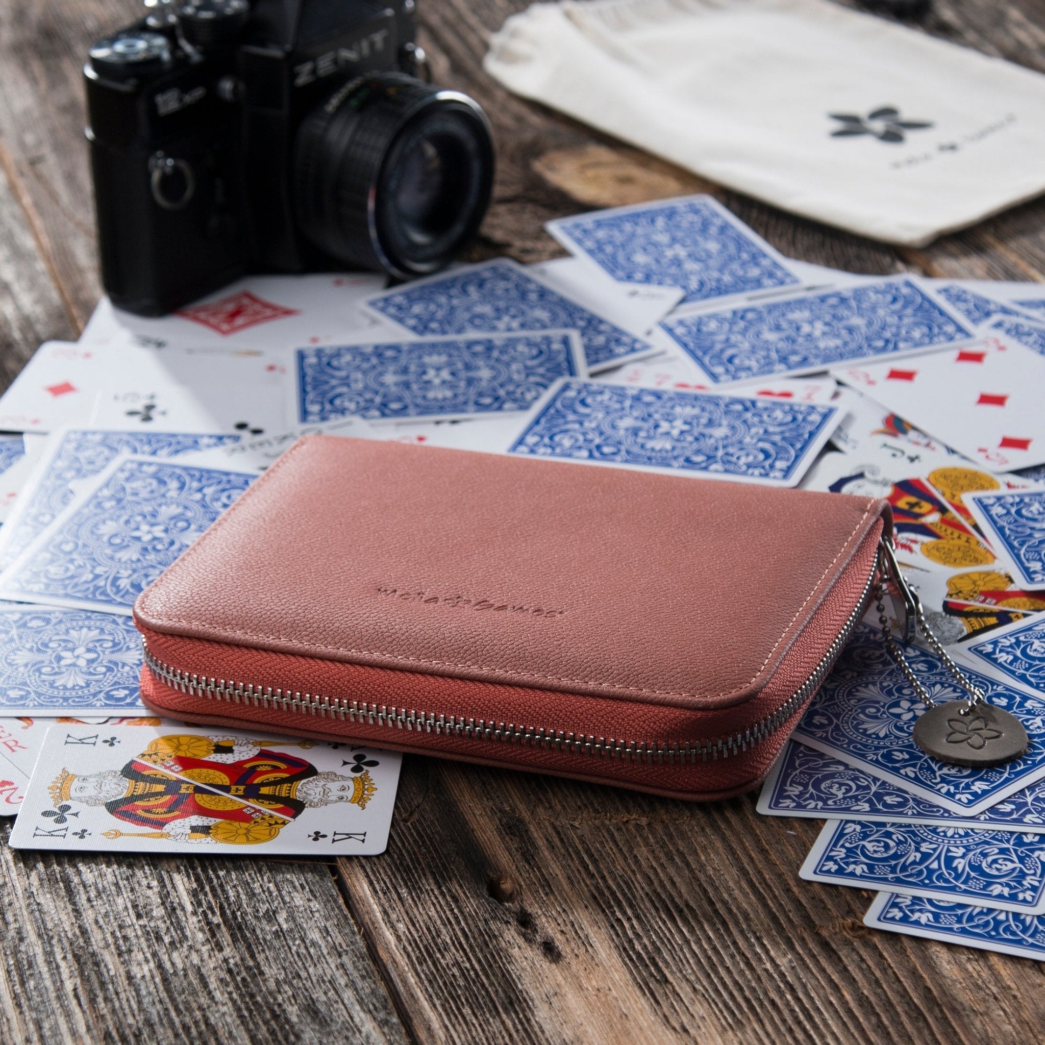 Etui de bridge en cuir pleine fleur - Corail - jeu de cartes coffret bridge à jouer coffret de cartes luxe - Rouge et Noir