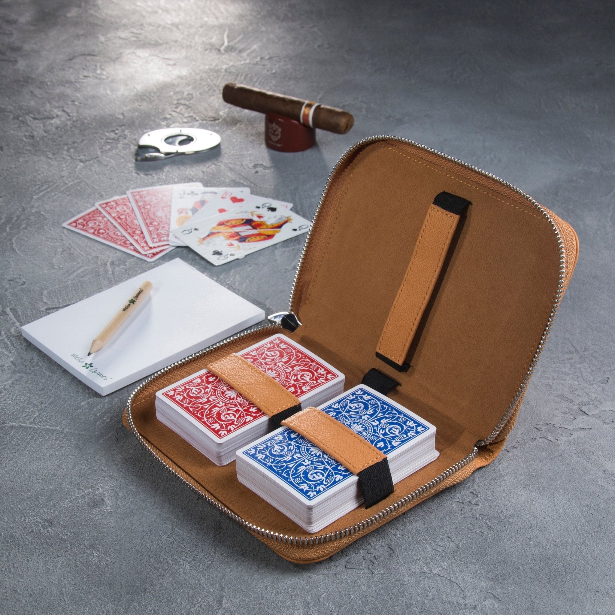 Etui de bridge en cuir pleine fleur - Soleil - jeu de cartes coffret bridge à jouer coffret de cartes luxe - Rouge et Noir