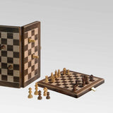 Jeu d'échecs de voyage magnétique en bois marqueté Ulbrich - Noyer / Erable moucheté - Coffre d'échecs et jeu d'échecs de voyage - Rouge et Noir