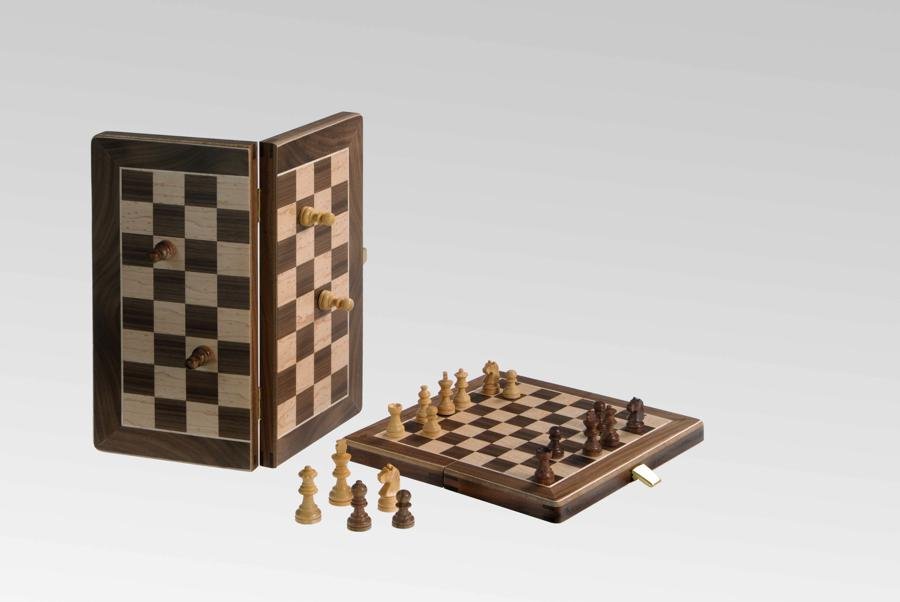 Jeu d'échecs de voyage magnétique en bois marqueté Ulbrich - Noyer / Erable moucheté - Coffre d'échecs et jeu d'échecs de voyage - Rouge et Noir