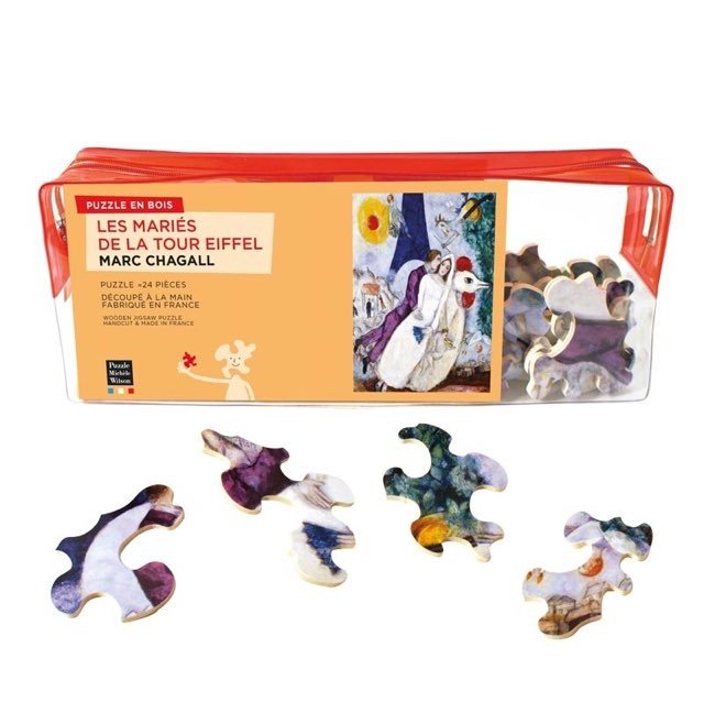 Puzzle MW - 24 p - Les mariés de le tour Eiffel - Chagall - Puzzle en bois Michèle Wilson enfant solitaire - Rouge et Noir