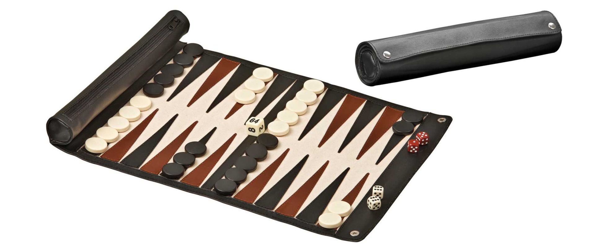 Backgammon de voyage - Roulable - Style cuir - Backgammon en cuir vegan de voyage - Rouge et Noir