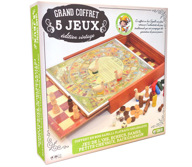 Coffret Multijeux 5 jeux (Échecs / Dames / Oie / Petits chevaux / Backgammon)