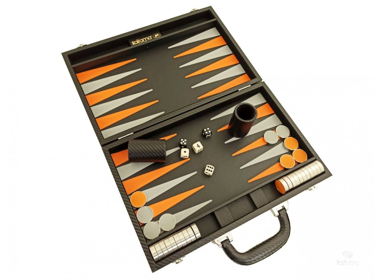 Backgammon Carbon - Orange/Gris - Backgammon en cuir vegan - Rouge et Noir