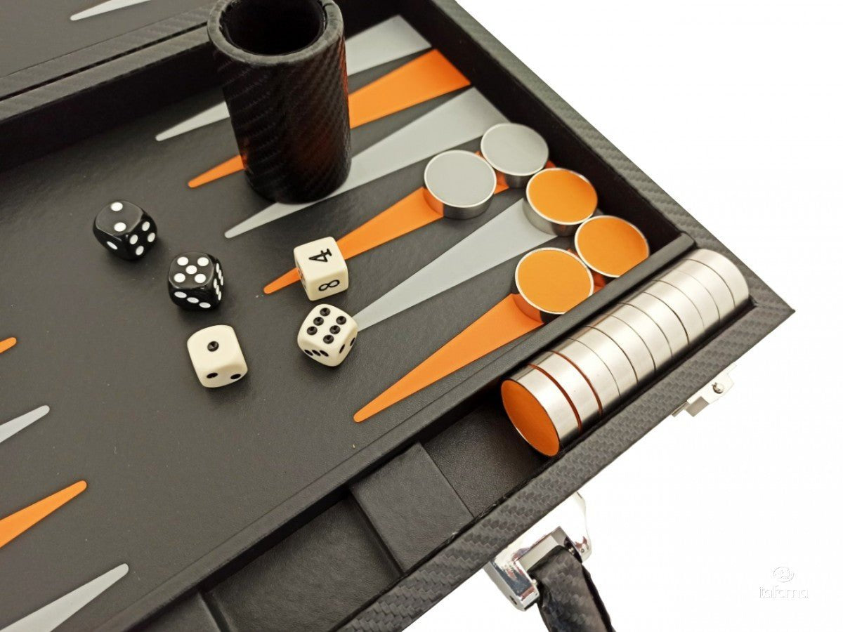 Backgammon Carbon - Orange/Gris - Backgammon en cuir vegan - Rouge et Noir