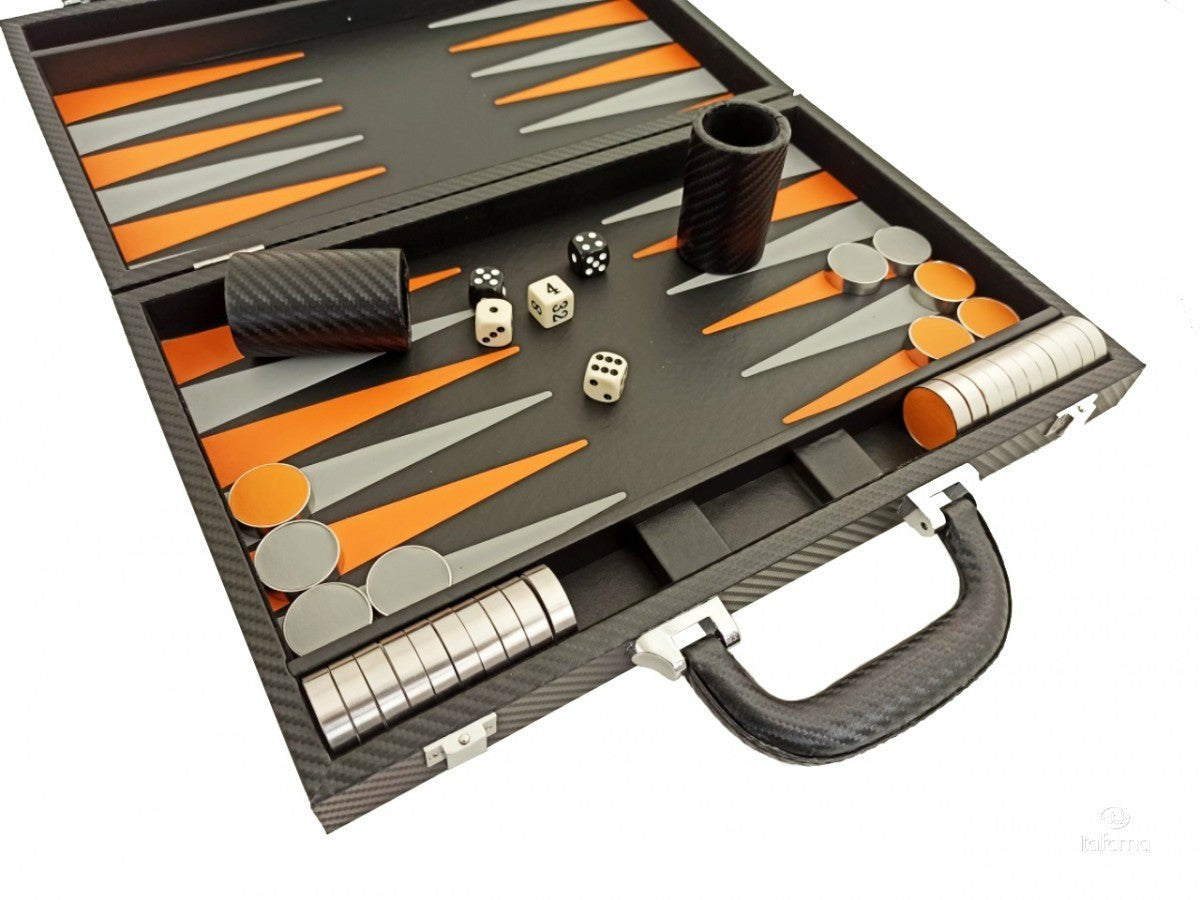 Backgammon Carbon - Orange/Gris - Backgammon en cuir vegan - Rouge et Noir