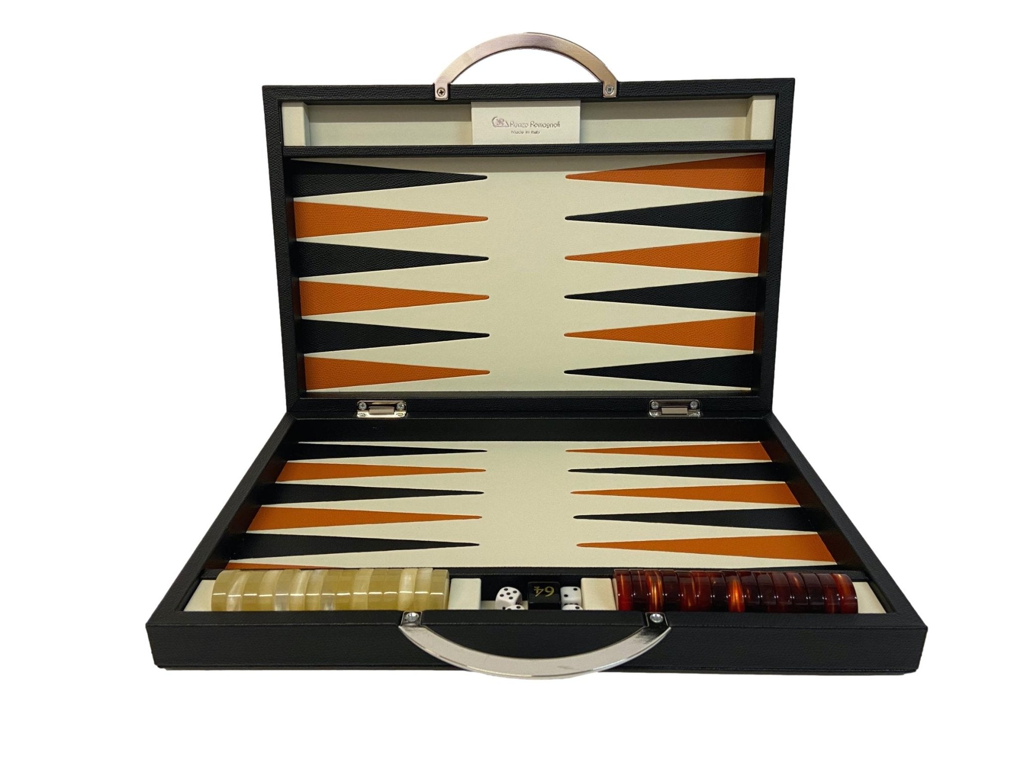 Backgammon Cuir véritable GM - Noir / Orange - Renzo Romagnoli - Backgammon en cuir cadeau bel objet - Rouge et Noir