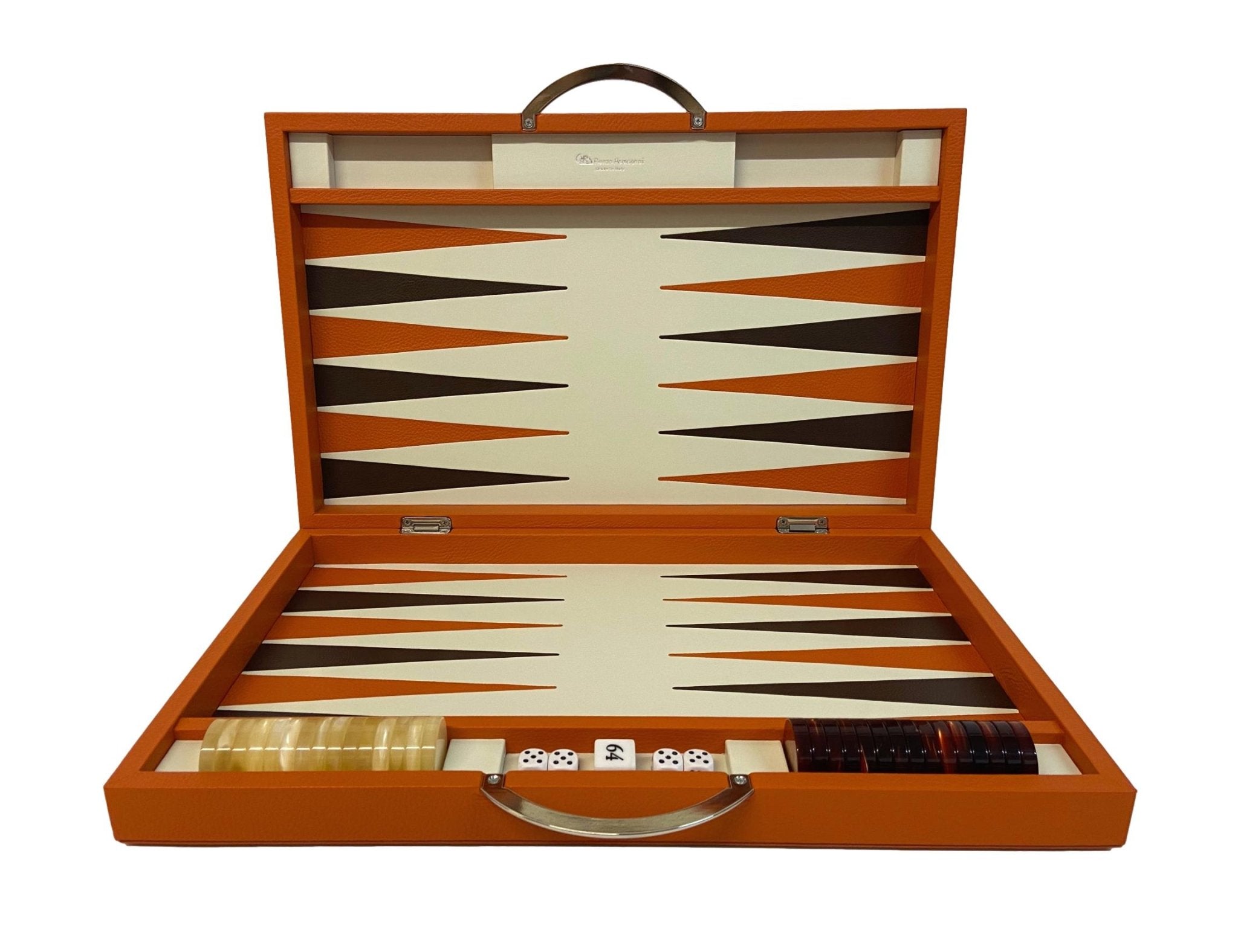 Backgammon Cuir véritable GM - Orange - Renzo Romagnoli - Backgammon en cuir - Rouge et Noir