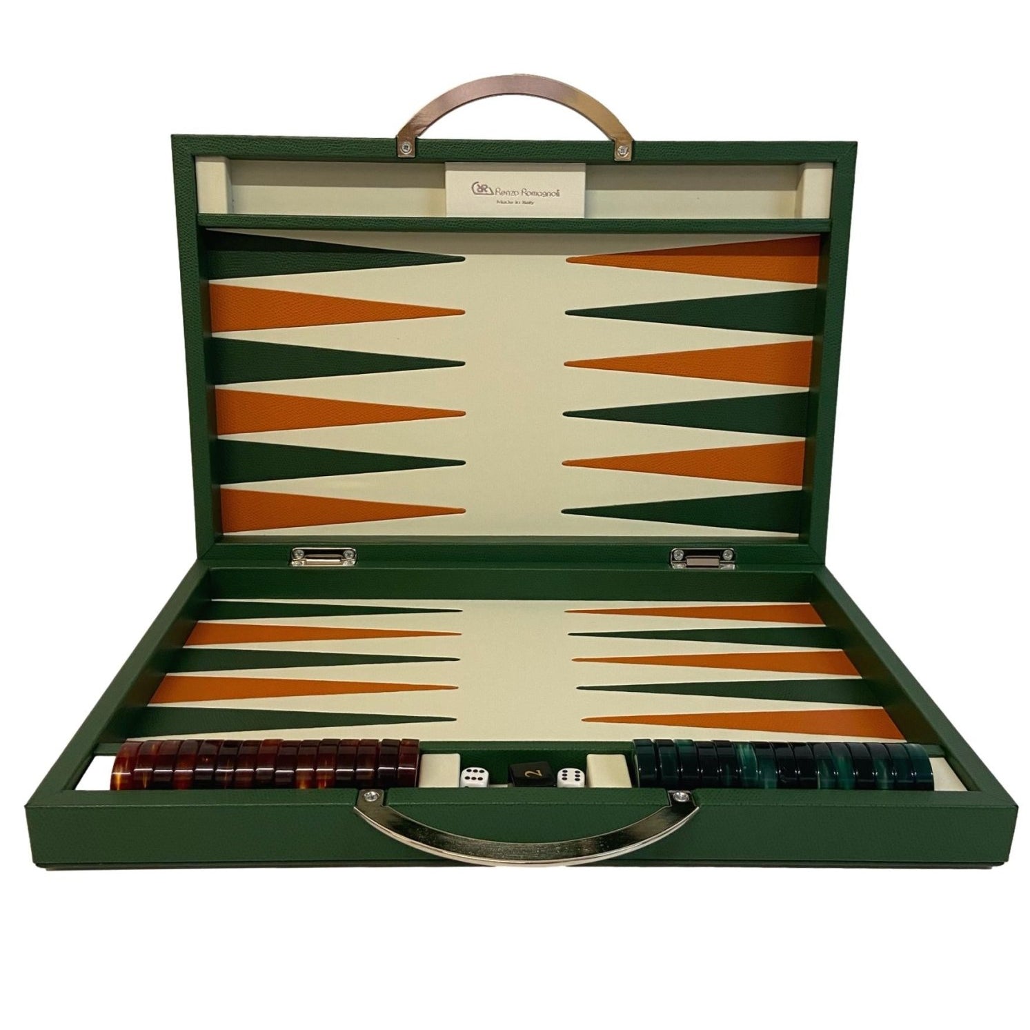 Backgammon Cuir véritable GM - Vert / Orange - Renzo Romagnoli - Backgammon en cuir - Rouge et Noir