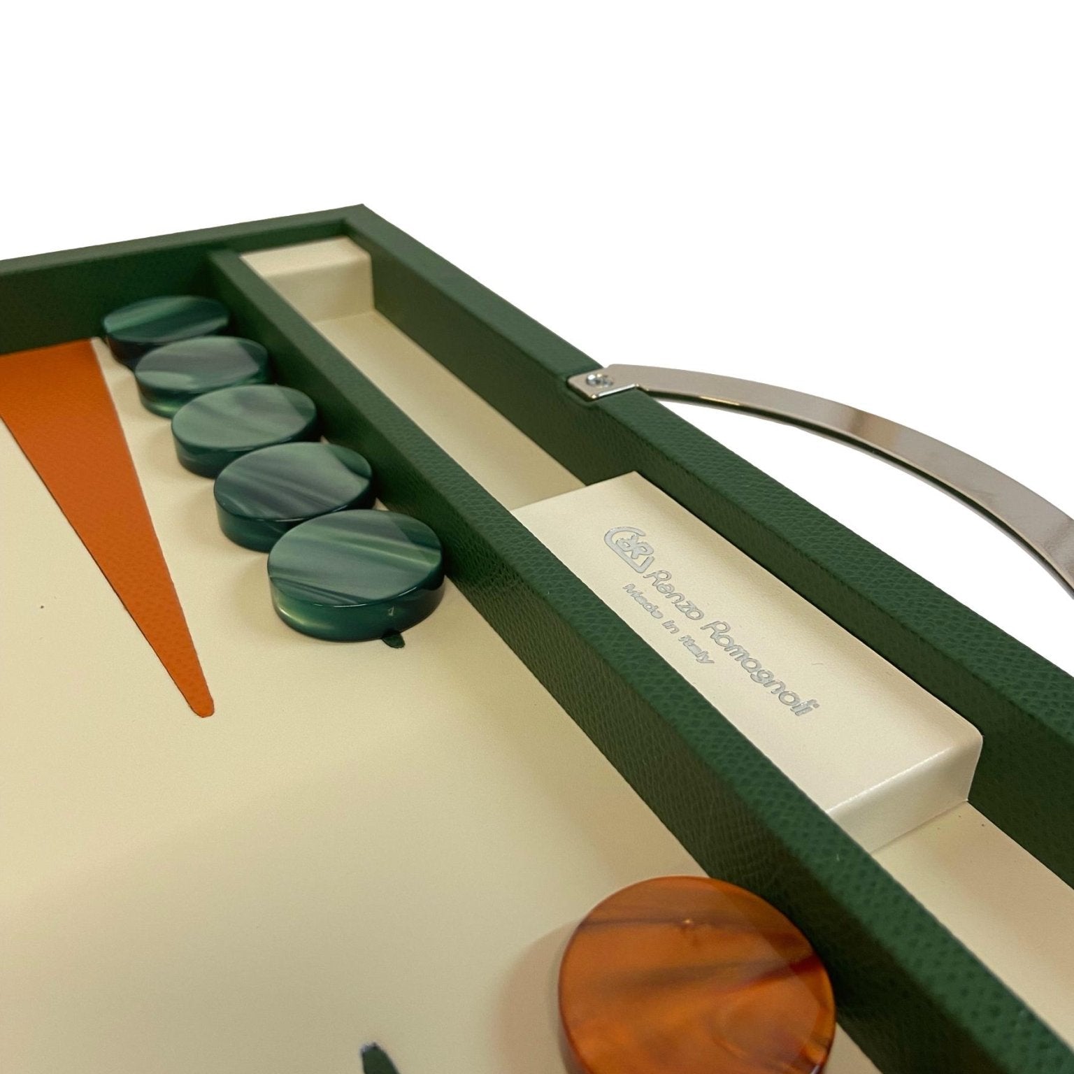 Backgammon Cuir véritable GM - Vert / Orange - Renzo Romagnoli - Backgammon en cuir - Rouge et Noir