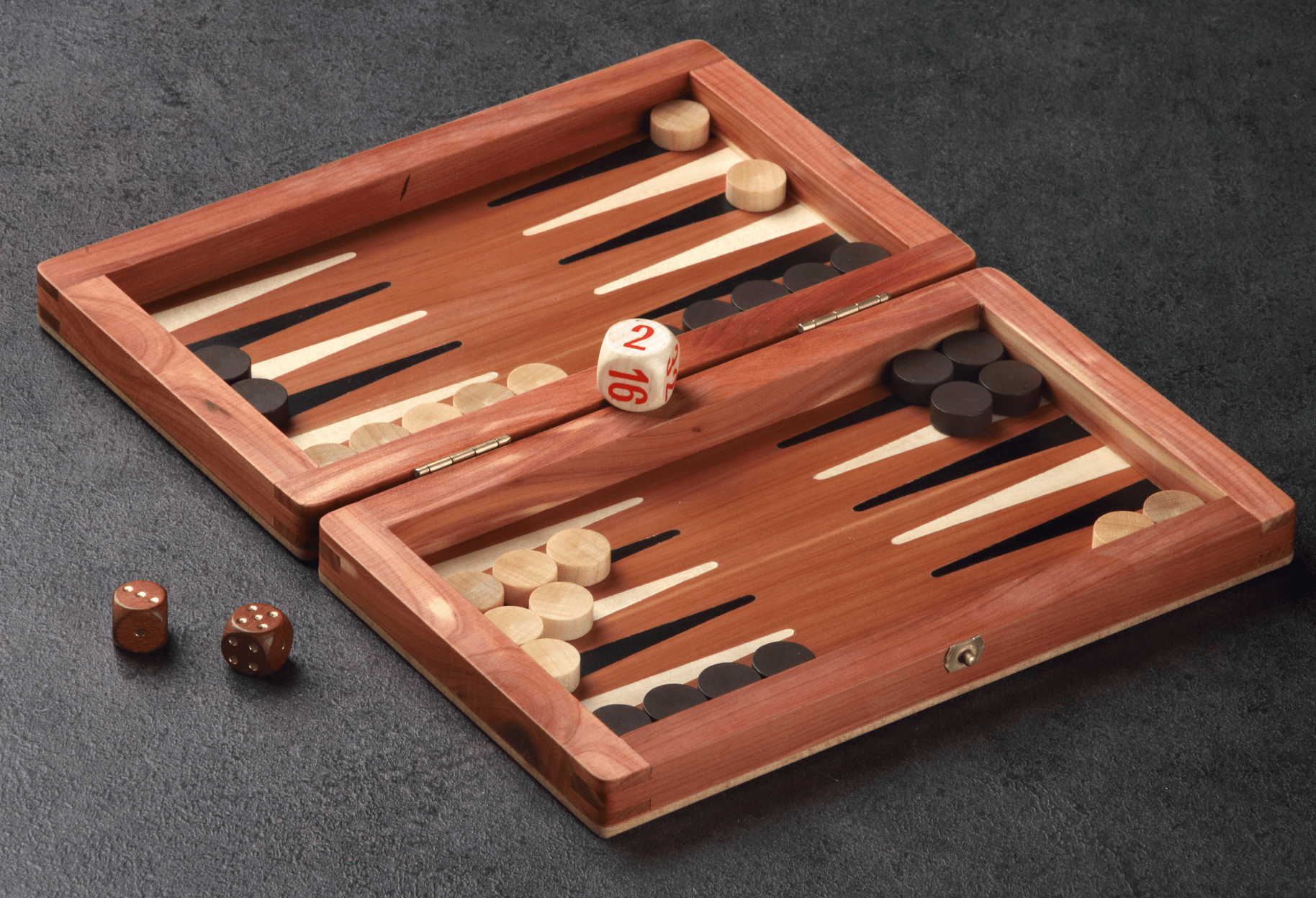 Backgammon de voyage en bois marqueté - Magnétique - Cèdre du Liban - Backgammon de voyage en bois marqueté de voyage - Rouge et Noir