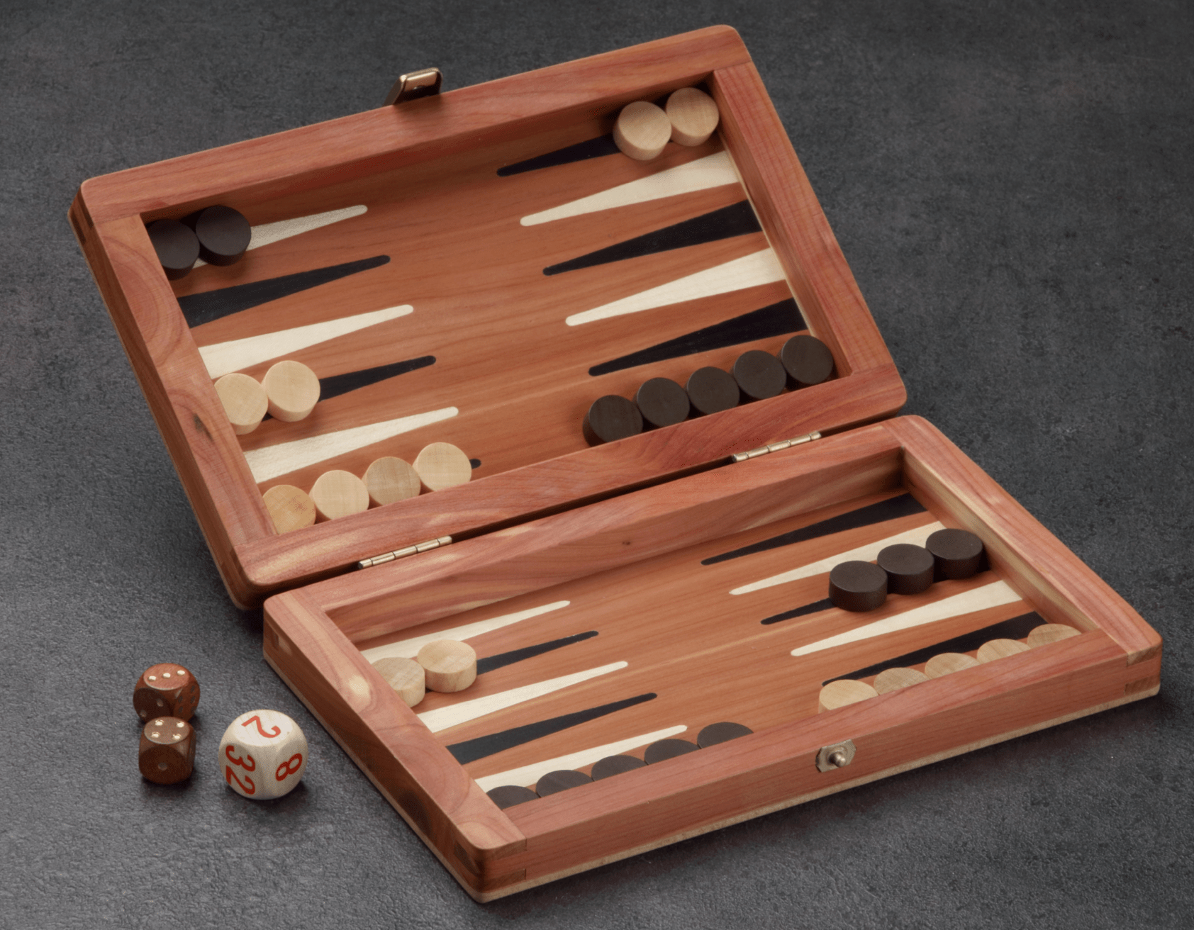 Backgammon de voyage en bois marqueté - Magnétique - Cèdre du Liban - Backgammon de voyage en bois marqueté de voyage - Rouge et Noir