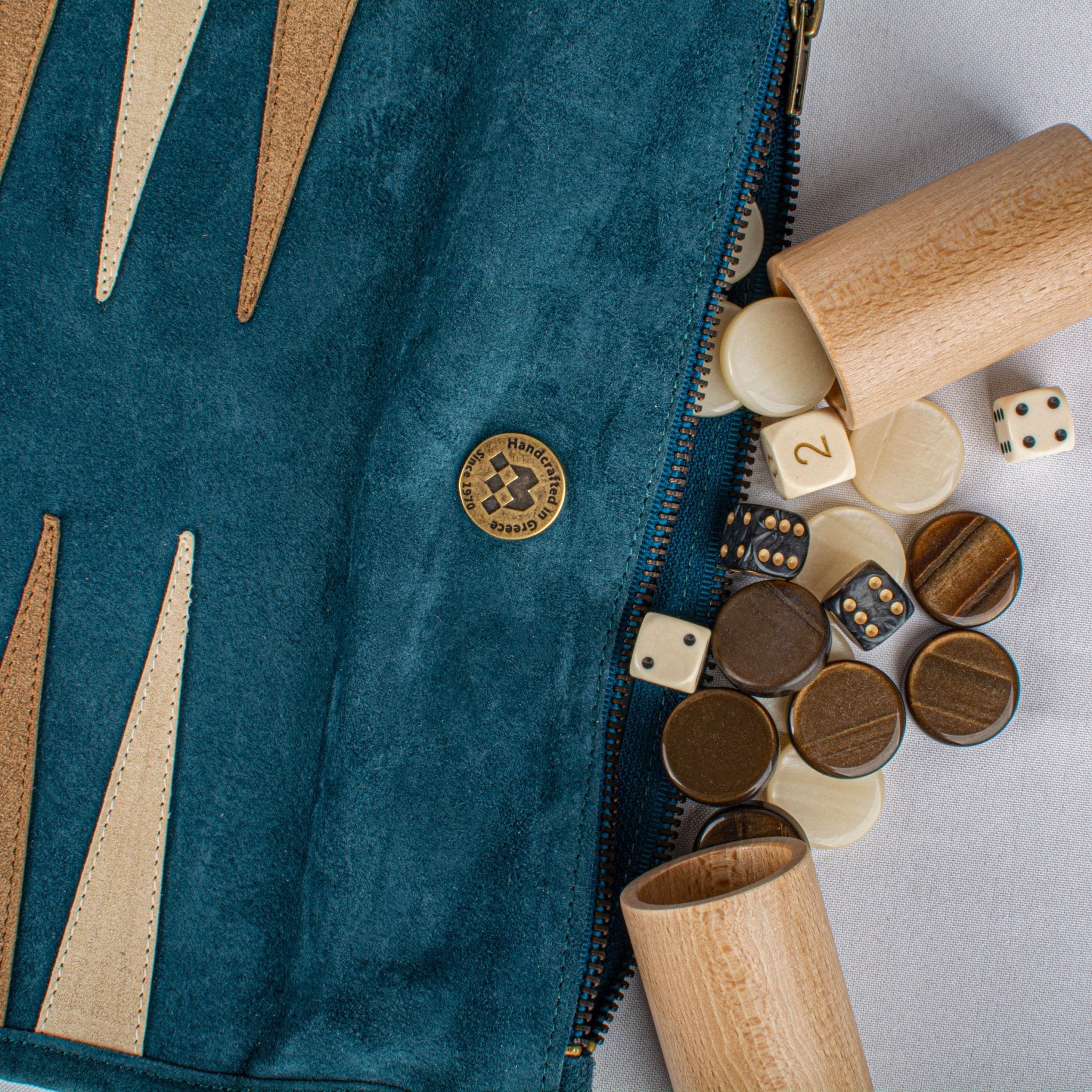 Backgammon de voyage - Roulable - Cuir Bleu - Backgammon en cuir de voyage - Rouge et Noir