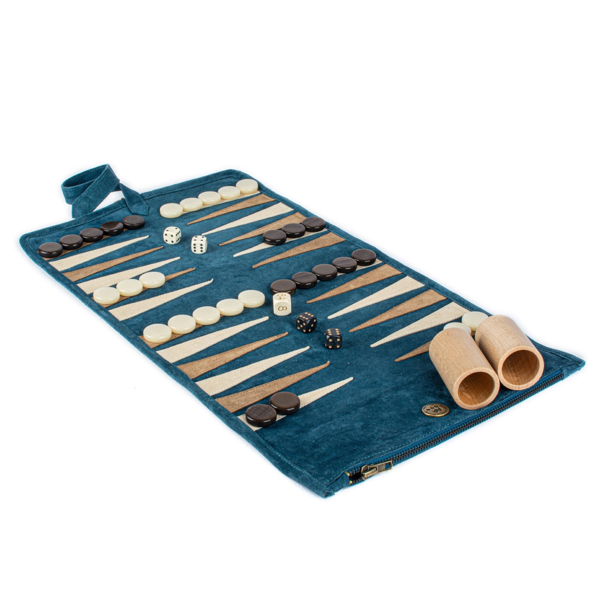 Backgammon de voyage - Roulable - Cuir Bleu - Backgammon en cuir de voyage - Rouge et Noir