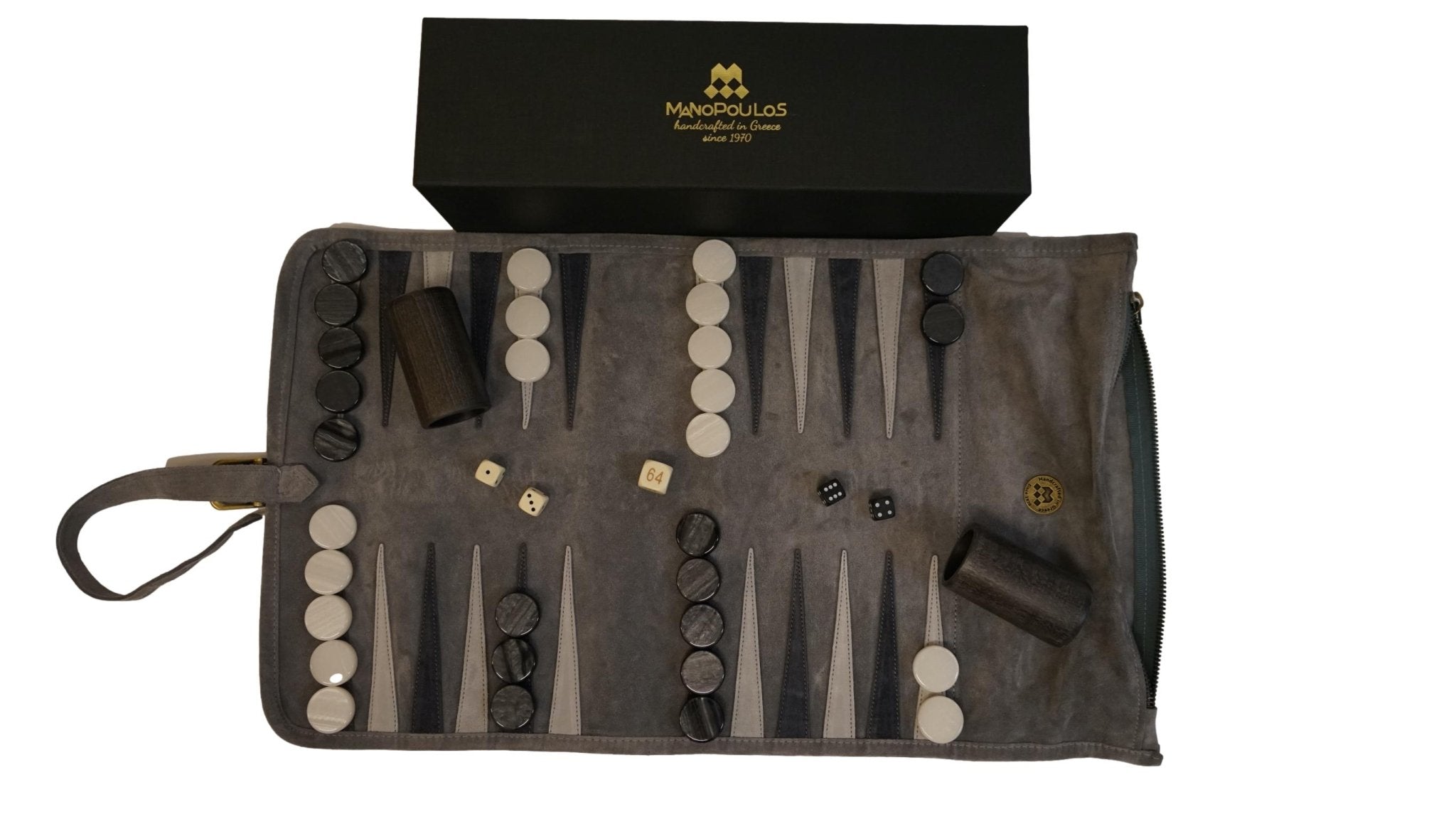 Backgammon de voyage - Roulable - Cuir Gris - Backgammon en cuir de voyage - Rouge et Noir