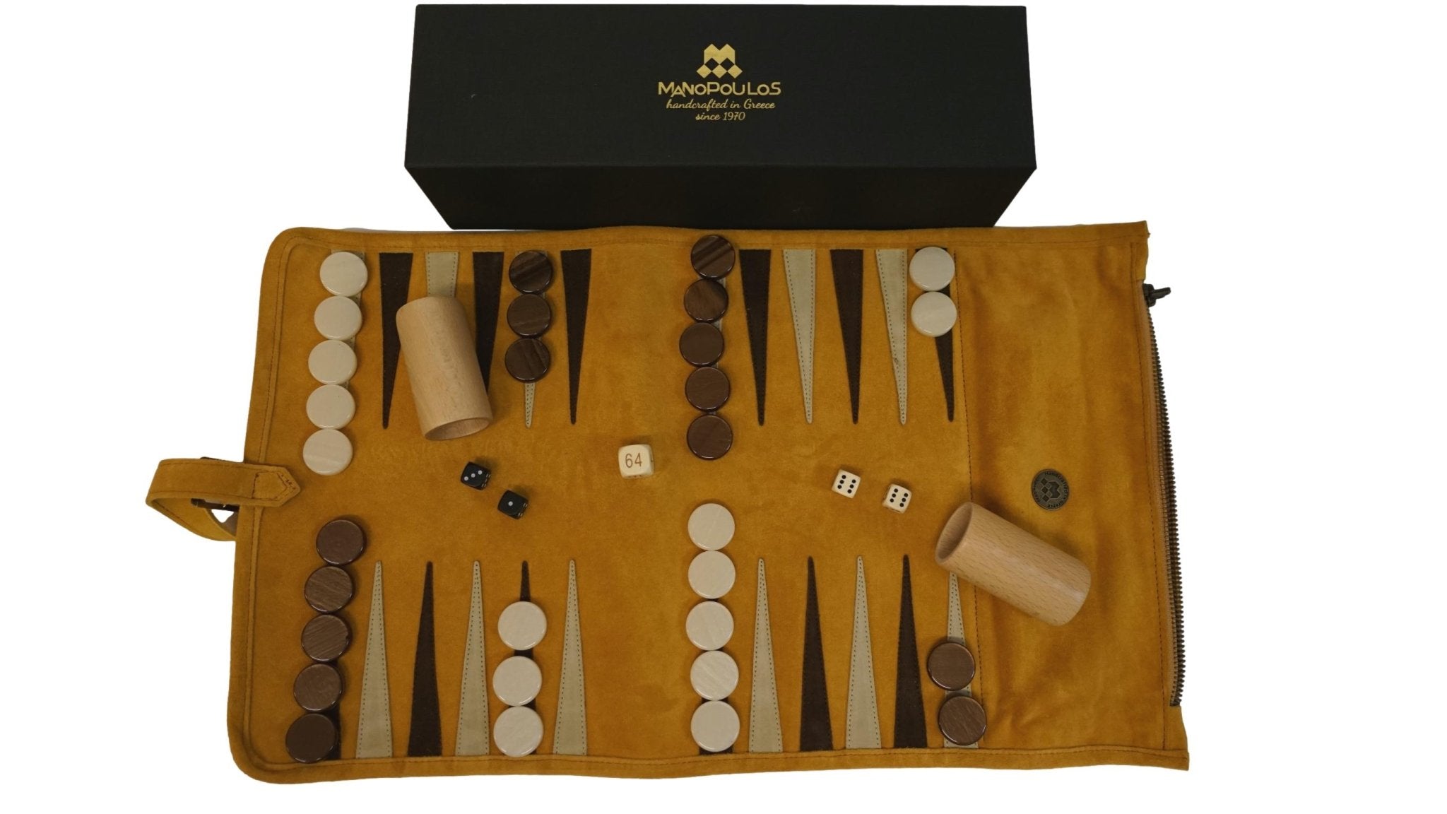 Backgammon de voyage - Roulable - Cuir Jaune - Backgammon en cuir de voyage - Rouge et Noir