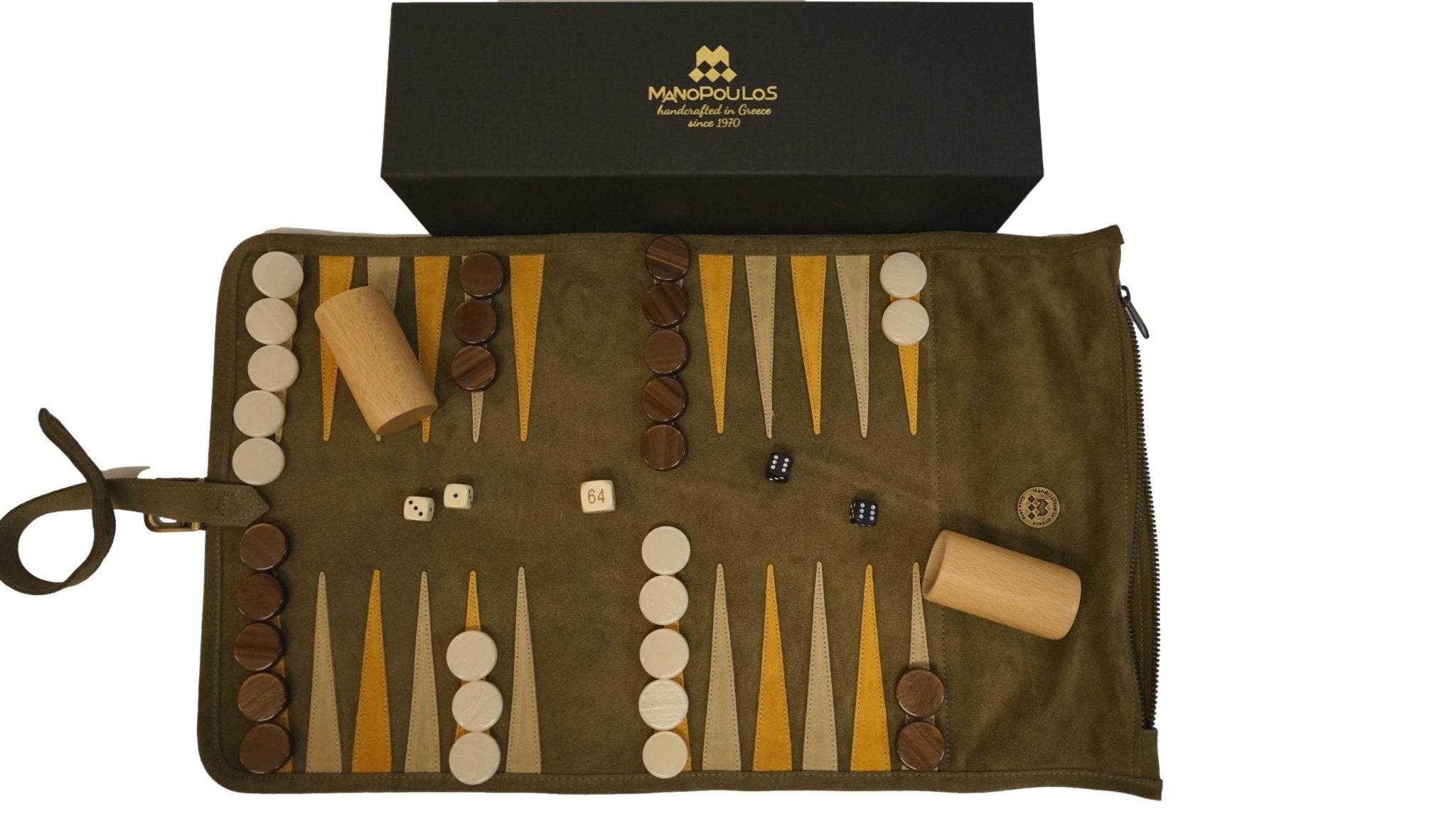 Backgammon de voyage - Roulable - Cuir Kaki - Backgammon en cuir de voyage - Rouge et Noir