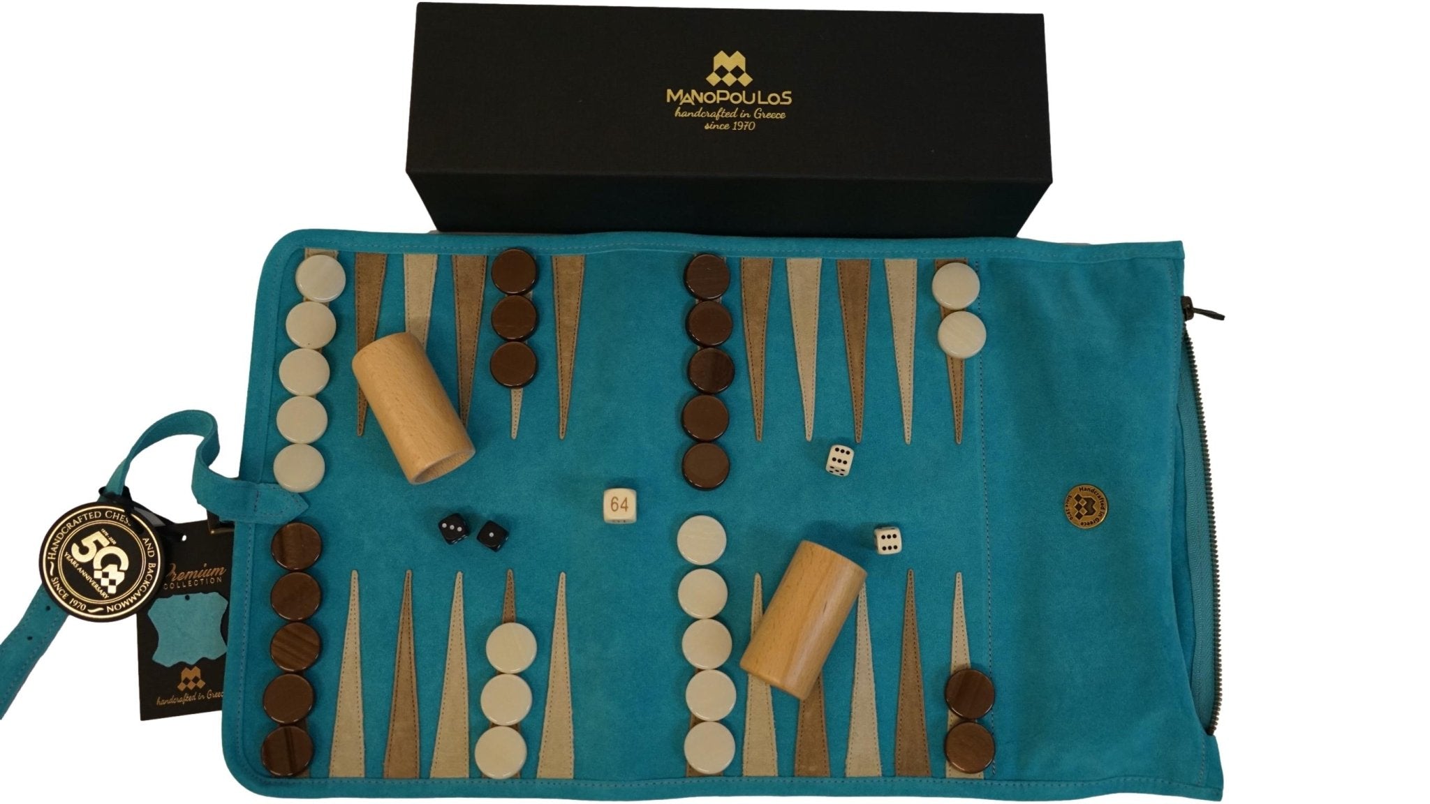 Backgammon de voyage - Roulable - Cuir Turquoise - Backgammon en cuir de voyage - Rouge et Noir