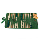 Backgammon de voyage - Roulable - Cuir Vert - Backgammon en cuir de voyage - Rouge et Noir