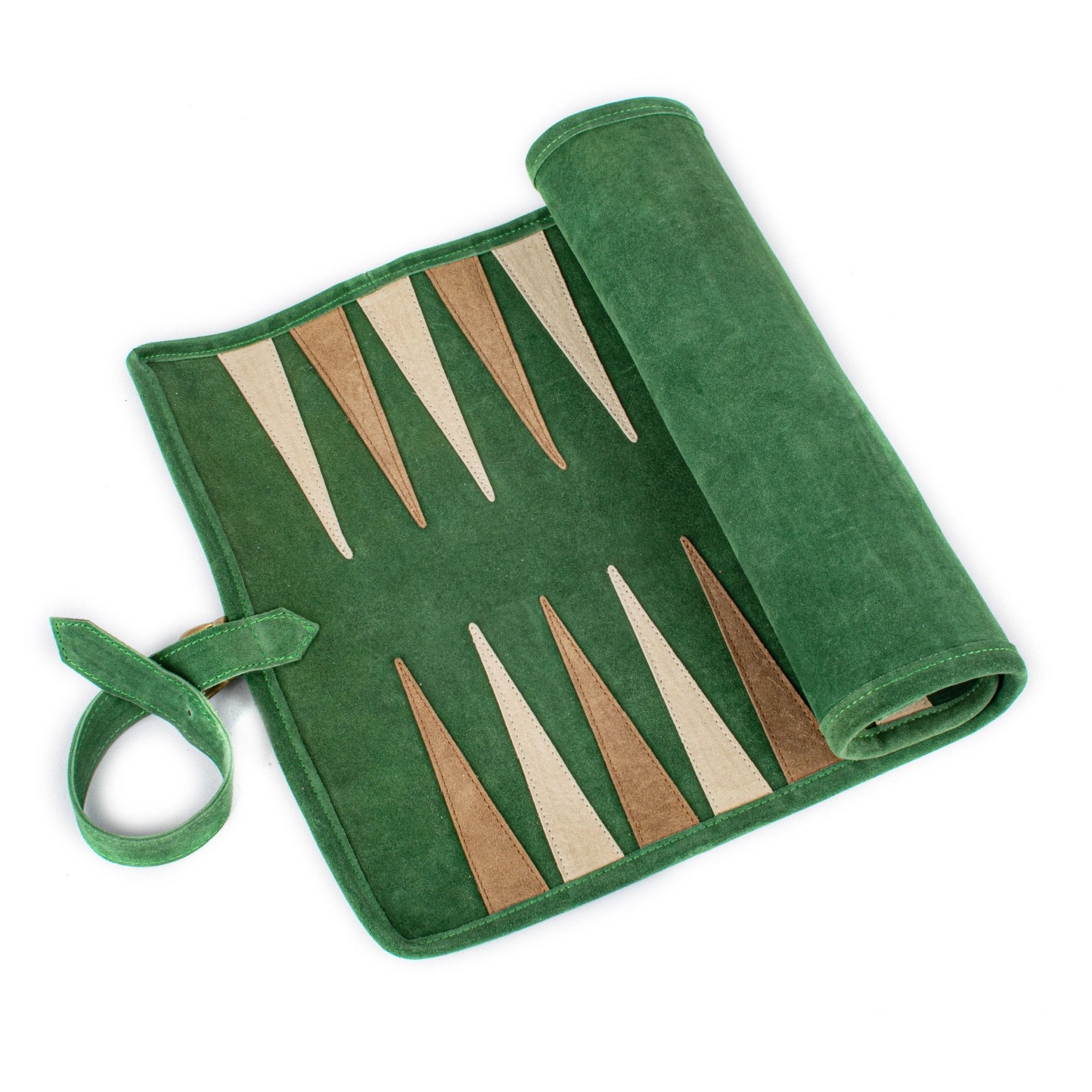 Backgammon de voyage - Roulable - Cuir Vert - Backgammon en cuir de voyage - Rouge et Noir