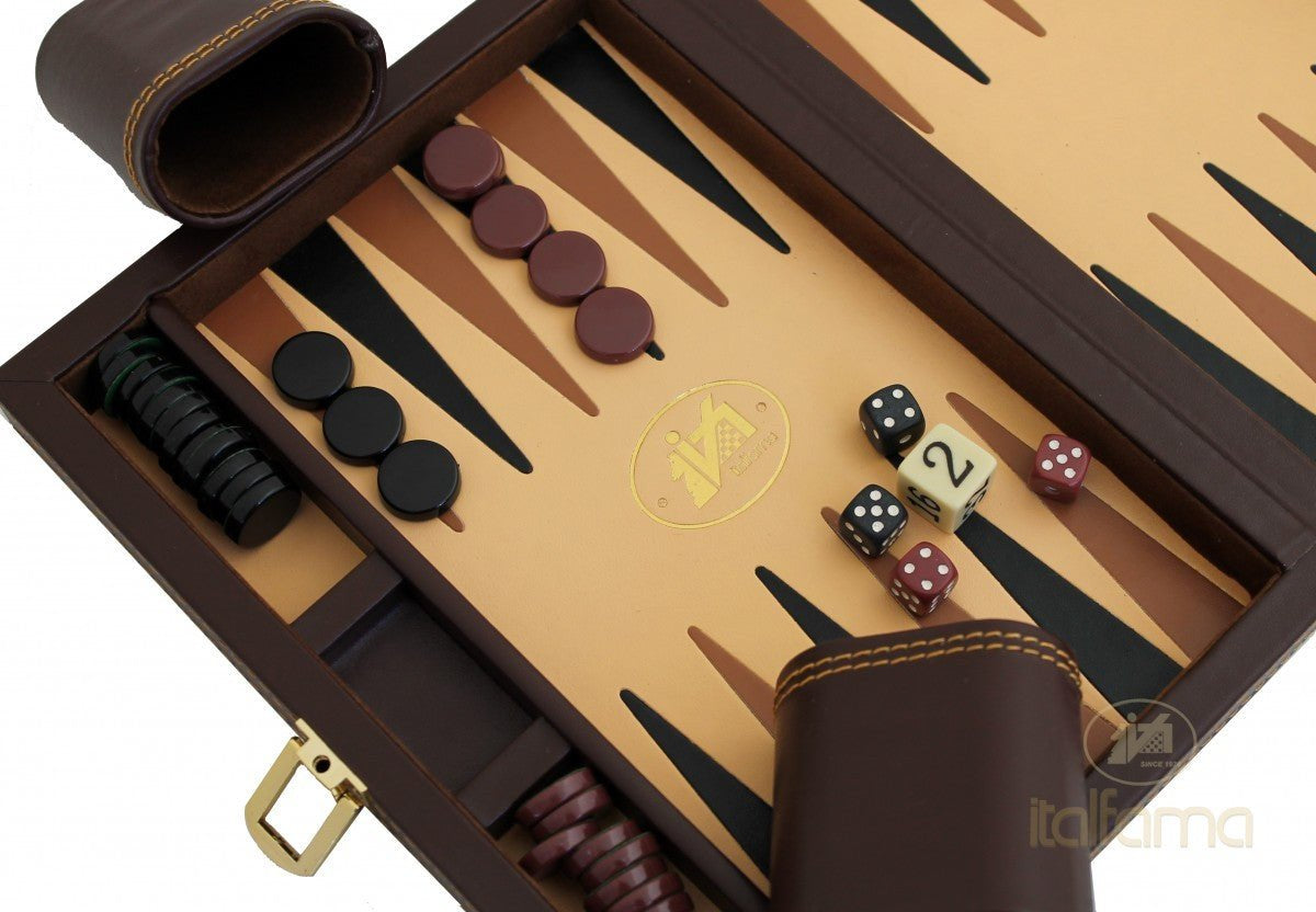 Backgammon de voyage - Style cuir - Marron - Backgammon en cuir vegan de voyage - Rouge et Noir