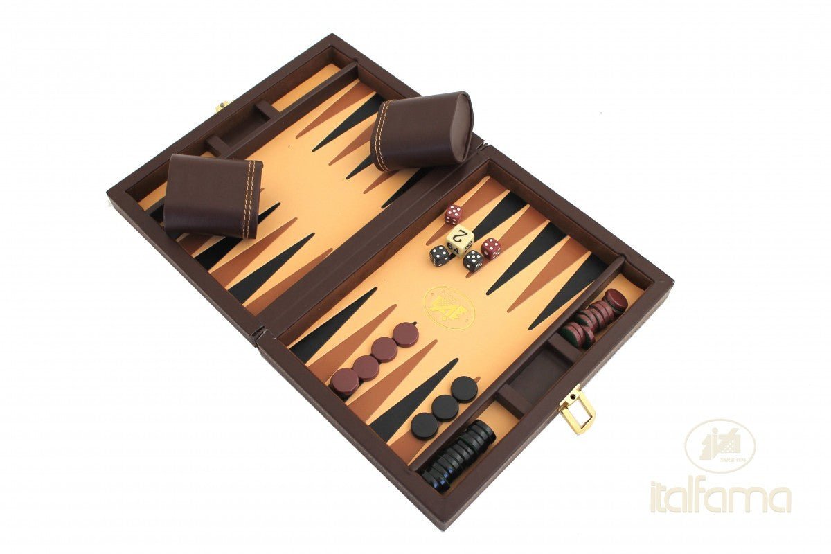 Backgammon de voyage - Style cuir - Marron - Backgammon en cuir vegan de voyage - Rouge et Noir