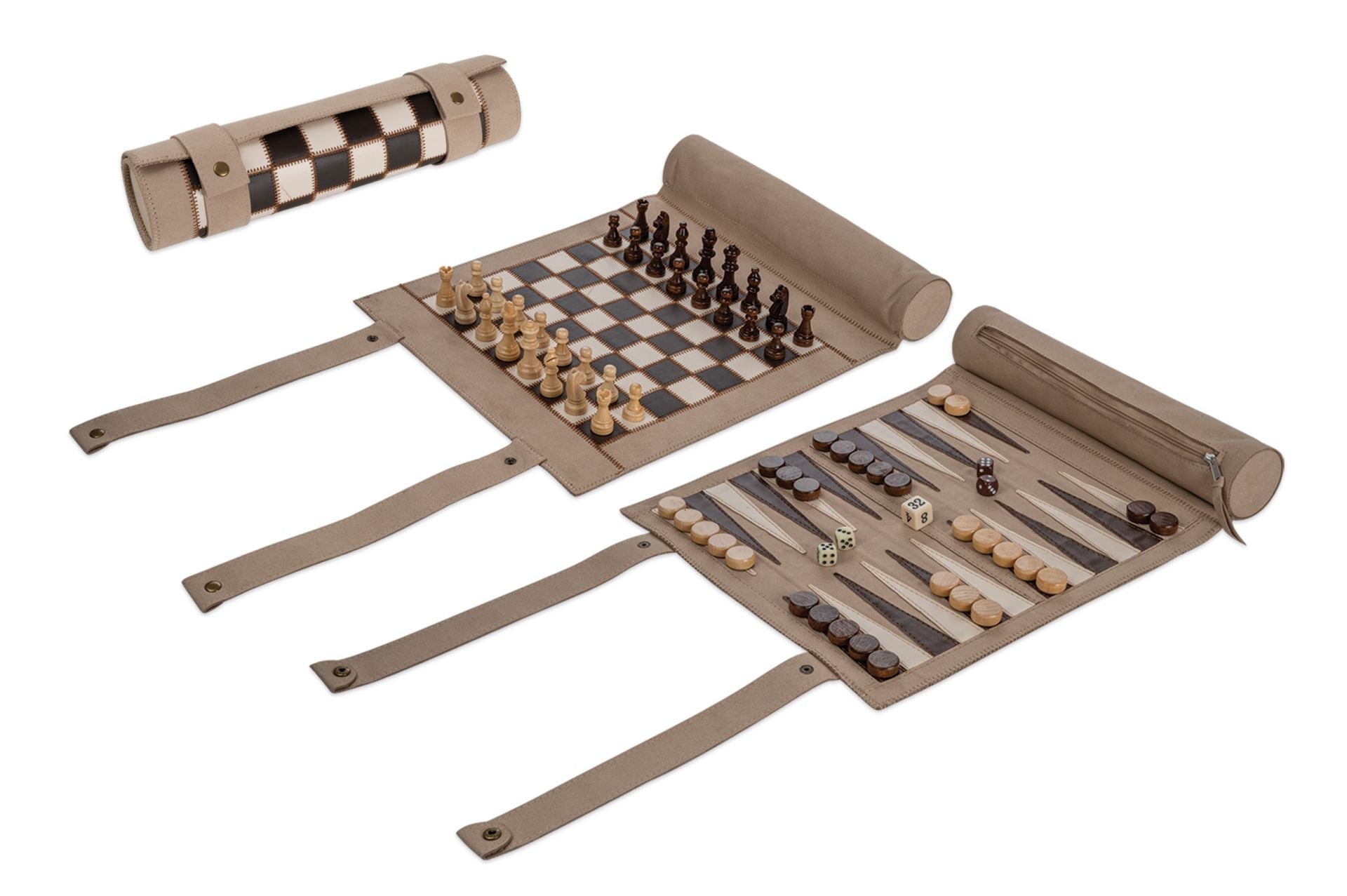 Backgammon / Echecs de voyage - Roulable - Style cuir - Magnétique - Backgammon en cuir vegan de voyage - Rouge et Noir