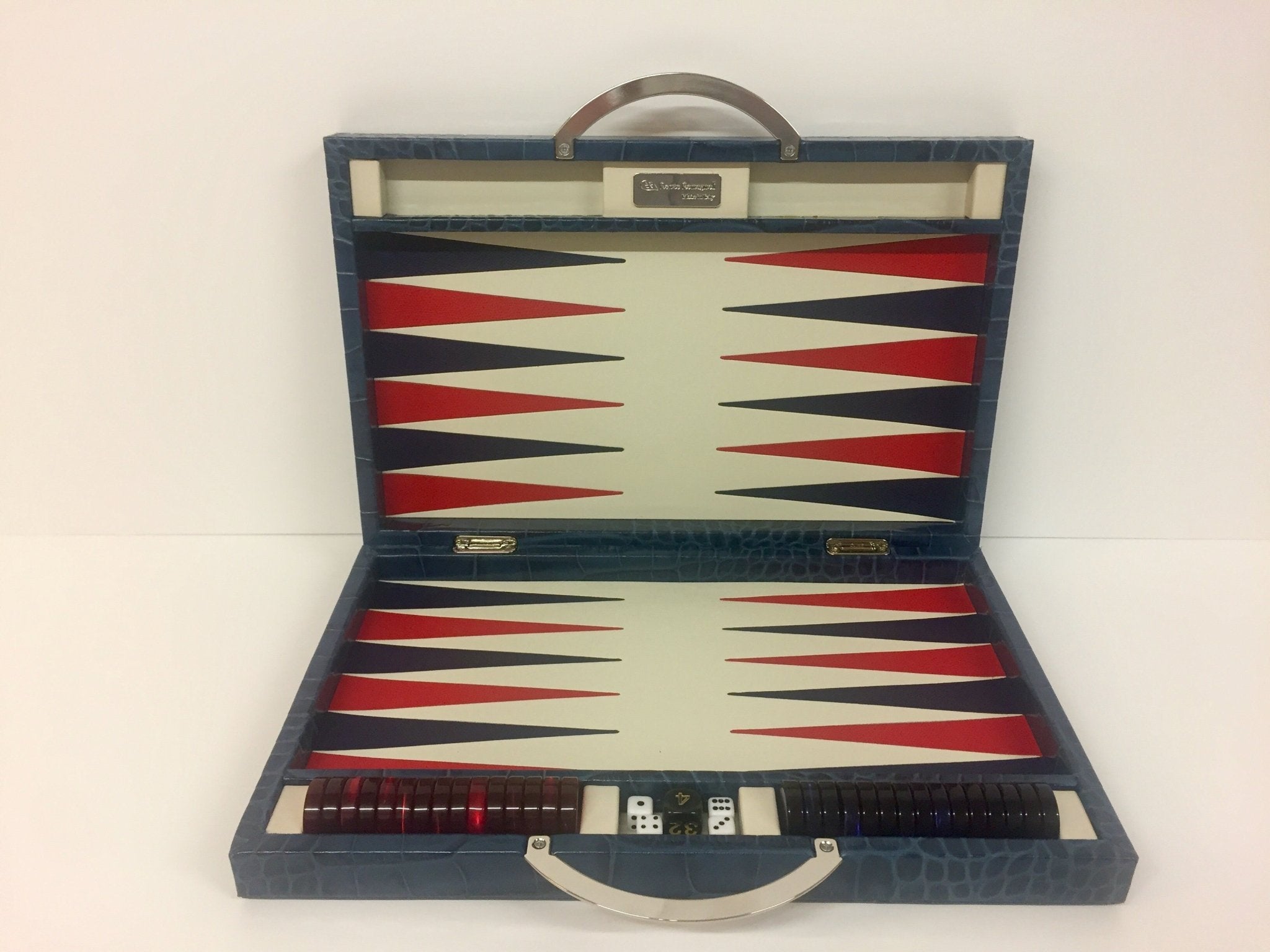 Backgammon en Cuir véritable MM - Bleu croco - Renzo Romagnoli - Backgammon en cuir bel objet - Rouge et Noir