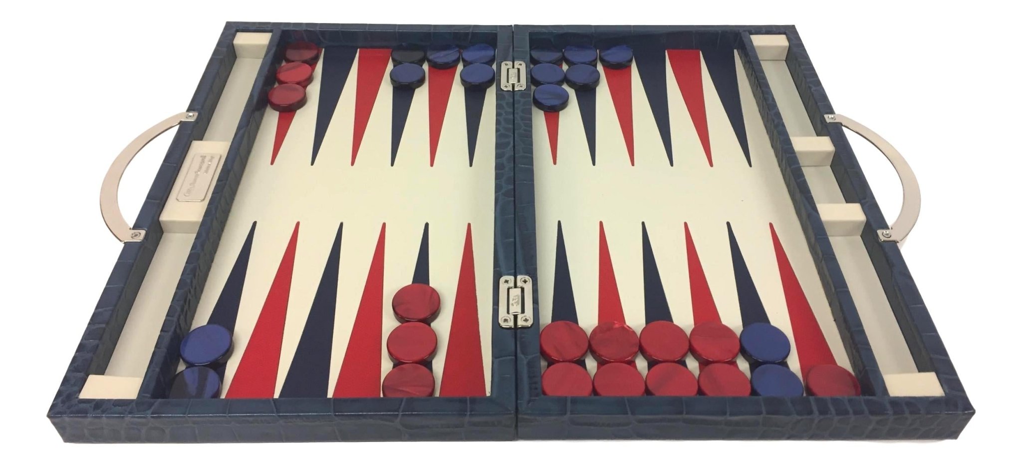 Backgammon en Cuir véritable MM - Bleu croco - Renzo Romagnoli - Backgammon en cuir bel objet - Rouge et Noir