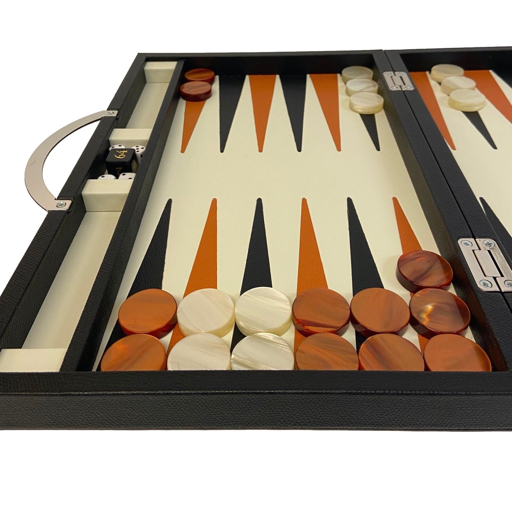 Backgammon en Cuir véritable MM - Noir / Orange - Renzo Romagnoli - Backgammon en cuir - Rouge et Noir