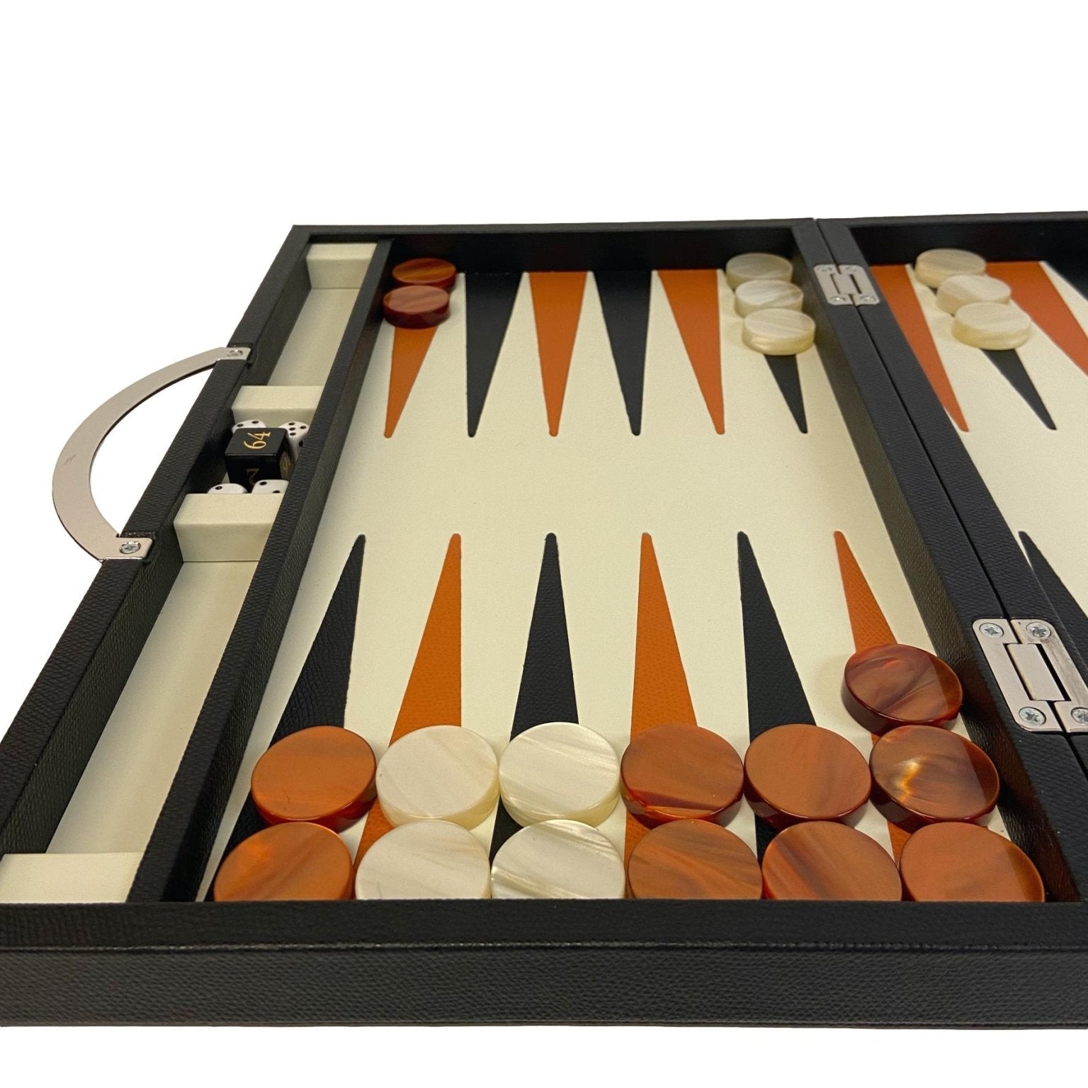 Backgammon en Cuir véritable MM - Noir / Orange - Renzo Romagnoli - Backgammon en cuir - Rouge et Noir