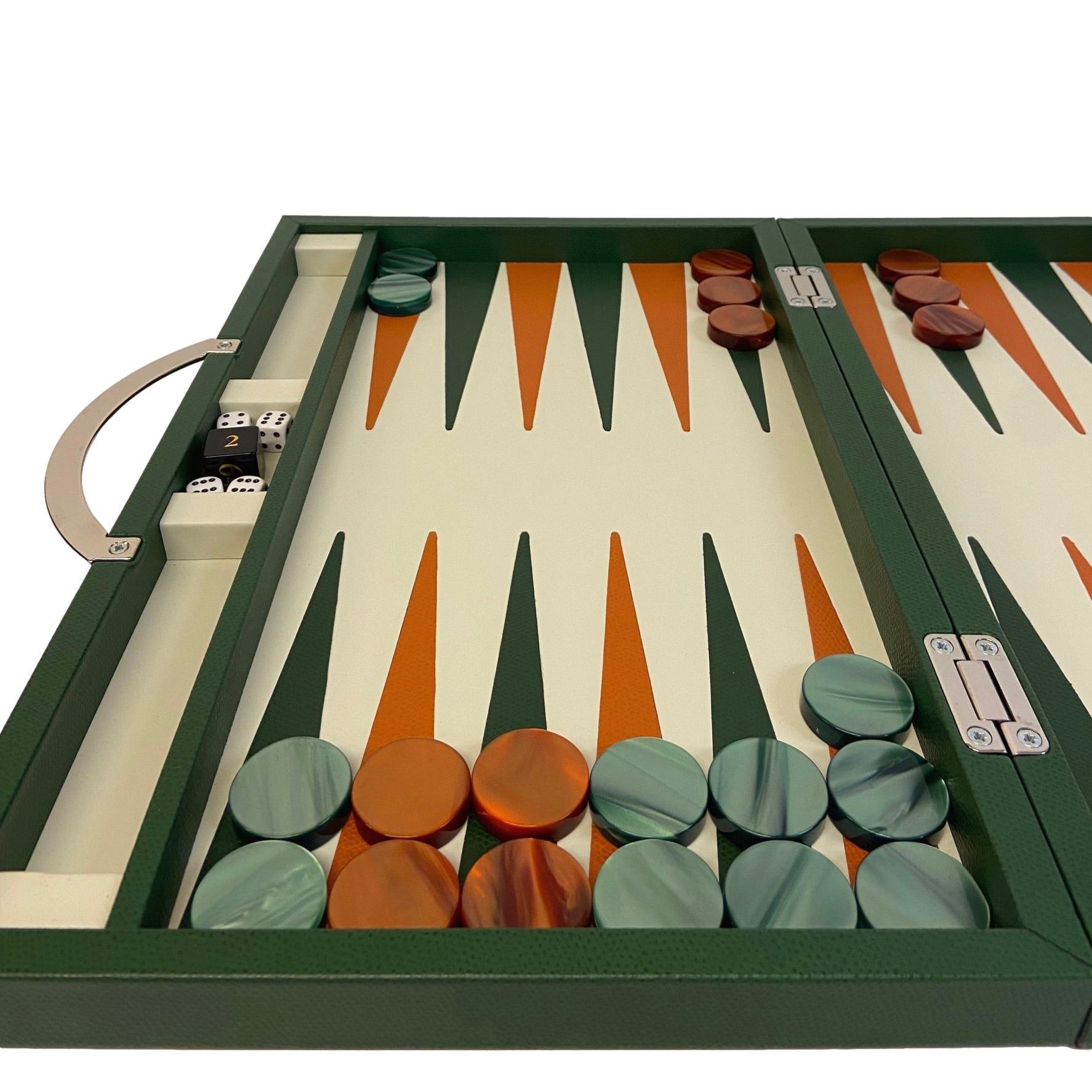 Backgammon en Cuir véritable MM - Vert/Orange - Renzo Romagnoli - Backgammon en cuir - Rouge et Noir