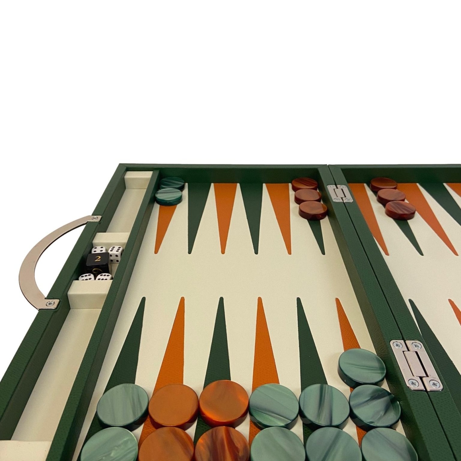 Backgammon en Cuir véritable MM - Vert/Orange - Renzo Romagnoli - Backgammon en cuir - Rouge et Noir