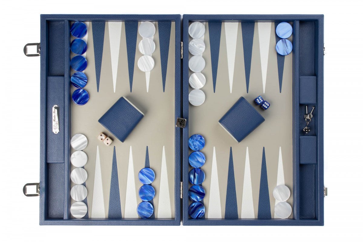 Backgammon Hector Saxe - Buffle bleu - Grand - Backgammon en cuir - Rouge et Noir