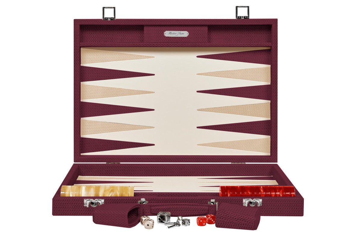 Backgammon Hector Saxe - Buffle Chaîne Bordeaux - Compétition - backgammon cuir véritable - Rouge et Noir
