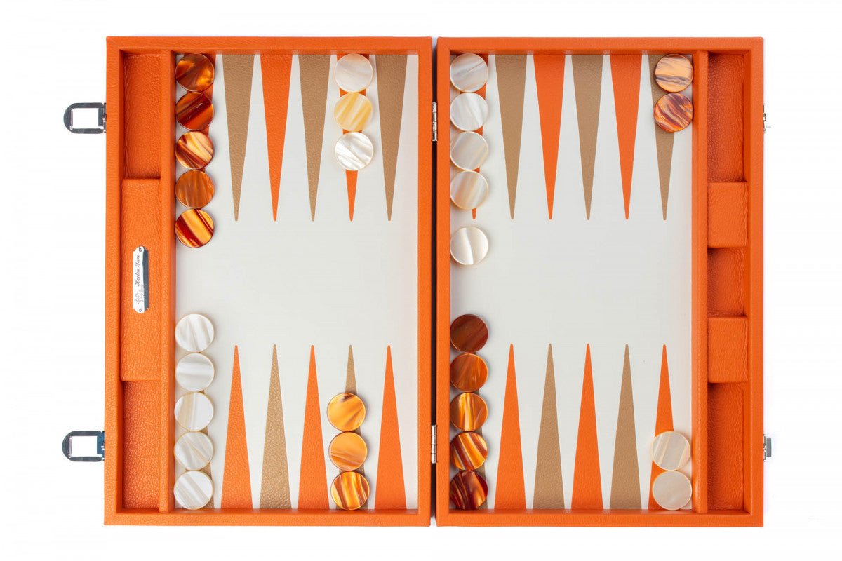 Backgammon Hector Saxe - Buffle Orange - Grand - Backgammon en cuir - Rouge et Noir