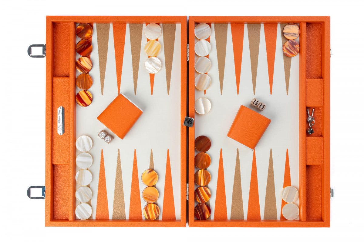 Backgammon Hector Saxe - Buffle Orange - Grand - Backgammon en cuir - Rouge et Noir