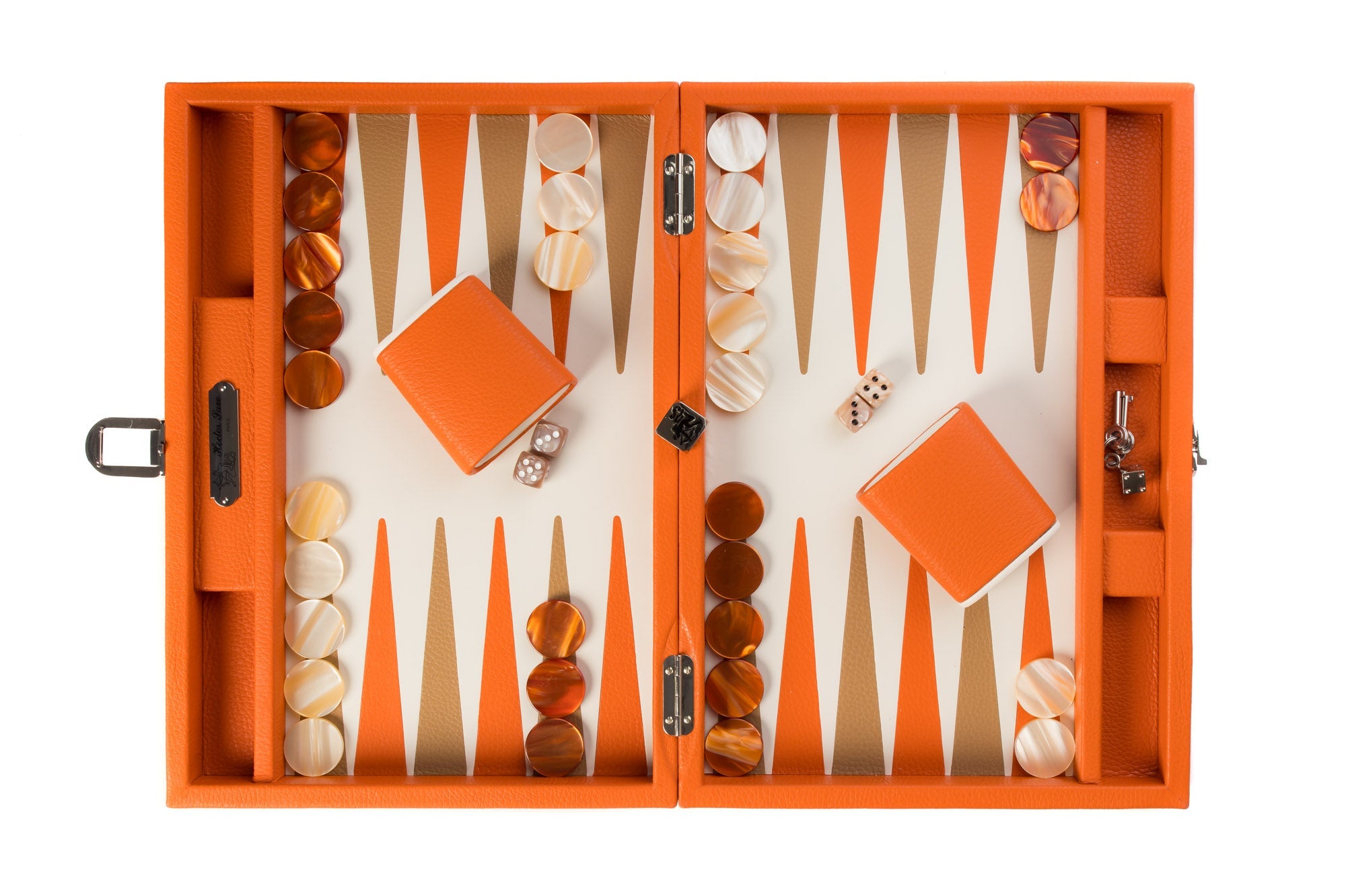 Backgammon Hector Saxe - Buffle Orange - Moyen - Backgammon en cuir - Rouge et Noir