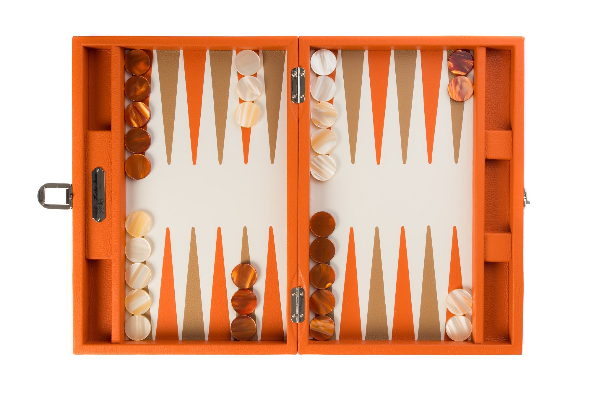 Backgammon Hector Saxe - Buffle Orange - Moyen - Backgammon en cuir - Rouge et Noir